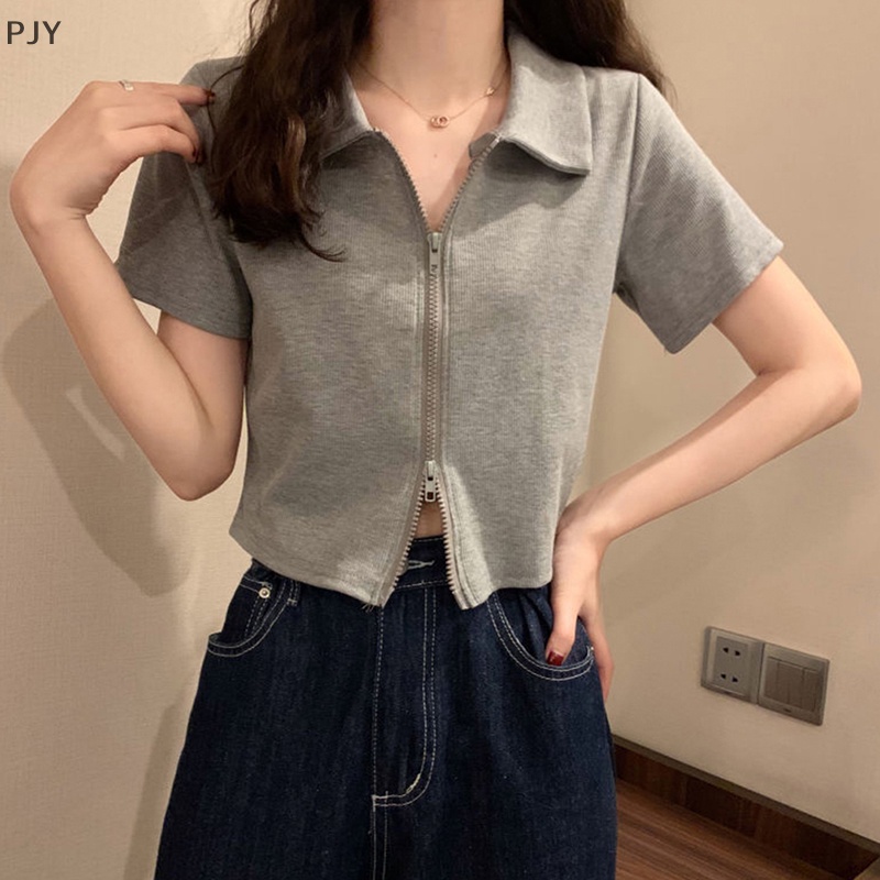 Áo Crop Top Tay Ngắn Có Khóa Kéo Đôi Màu Trơn Thời Trang Mùa Hè Dành Cho Nữ PJ