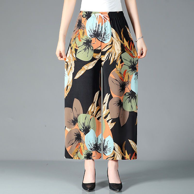 Quần Dài Lưng Cao Ống Rộng Vải Lụa Mát In Hoa Thời Trang Mùa Hè Cho Nữ
