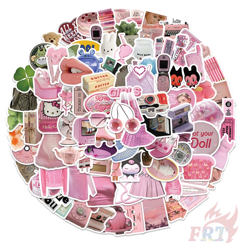 Bộ 100 Cái ❉ Sticker Dán Tường Màu Hồng Phong Cách Vintage ❉ Sticker Dán Tường Chống Thấm Nước Họa Tiết Doodle Hợp Thời Trang
