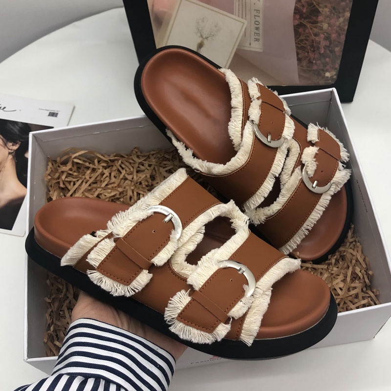 Duoya Tóc Thẳng ~ [Hàng Có Sẵn] Dép Da Mềm Phối Tua Rua Thời Trang Thường Ngày Miễn Phí Vận Chuyển