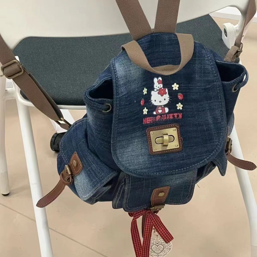 Ba Lô Denim Thủ Công Hình Hello kitty Phong Cách Retro Nhật Bản Cho Nữ 9...