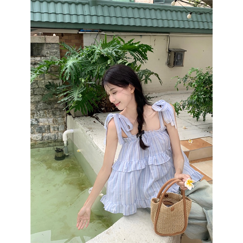 Áo Hai Dây Nhún Bèo Dáng Rộng Họa Tiết Kẻ Sọc Thời Trang Mùa Hè Xinh Xắn Cho Nữ