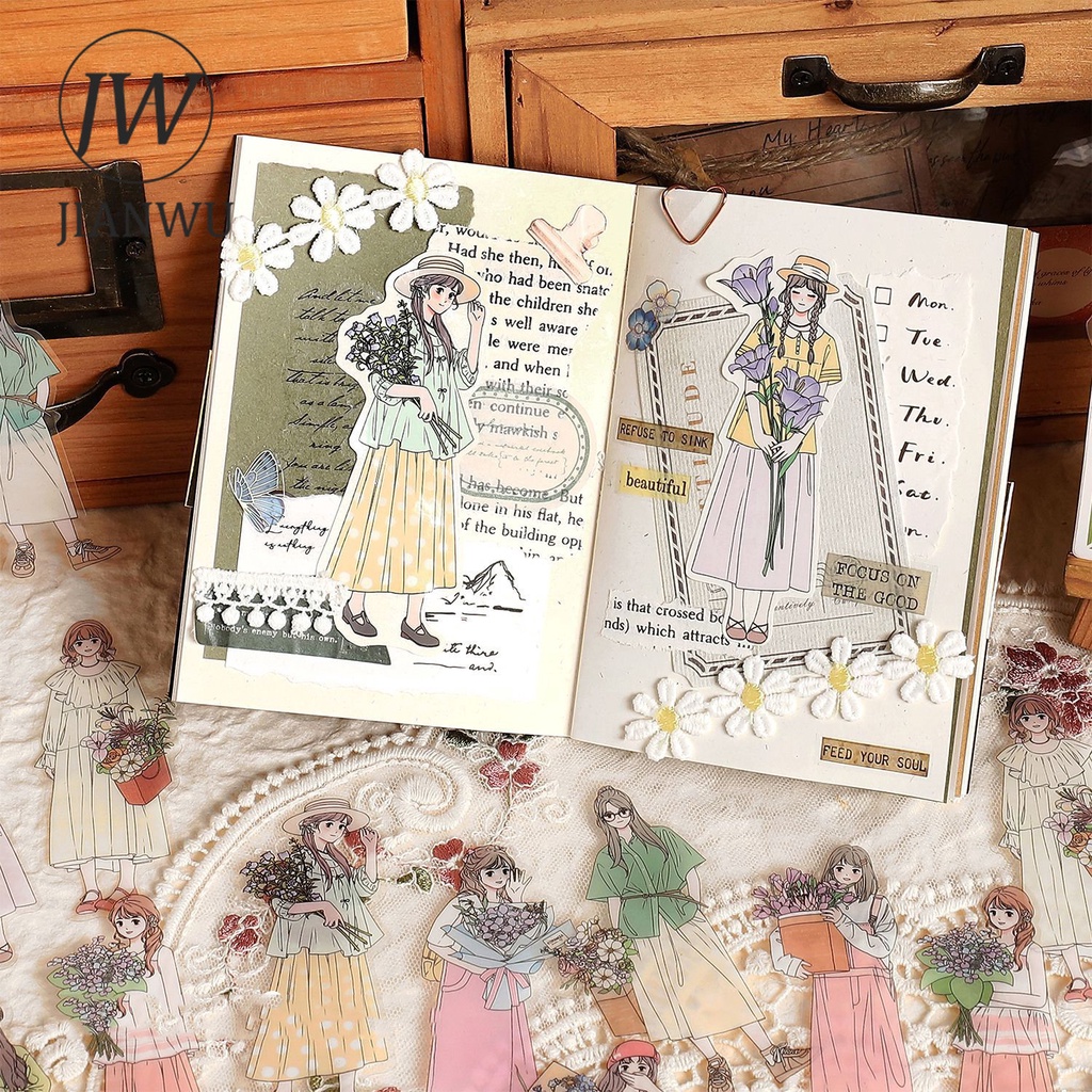 Bộ 30 Tấm Nhãn Dán PET Sơn Dầu Hình Cô Gái Xinh Xắn Trang Trí Sổ Tay DIY