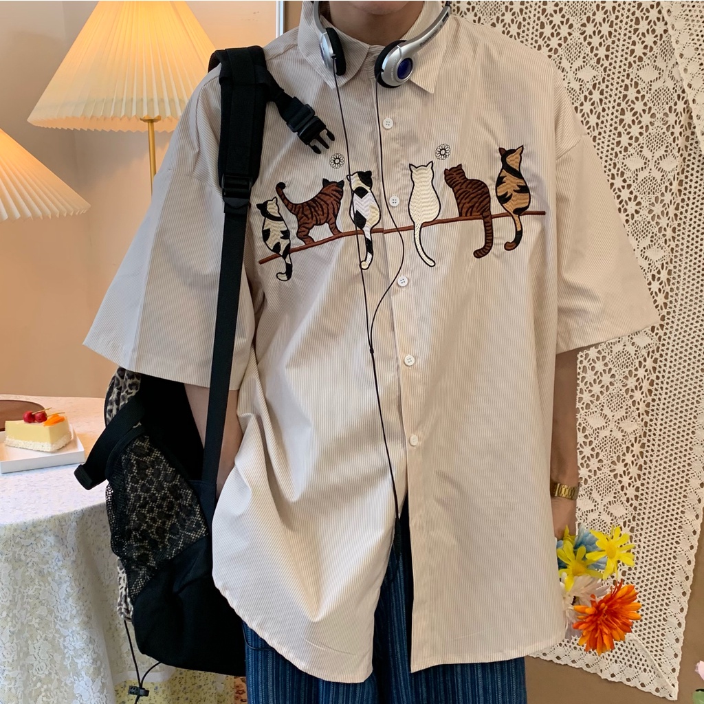 Áo Sơ Mi Ngắn Tay Thêu Họa Tiết Mèo Phong Cách Retro Hong Kong Cho Cặp Đôi