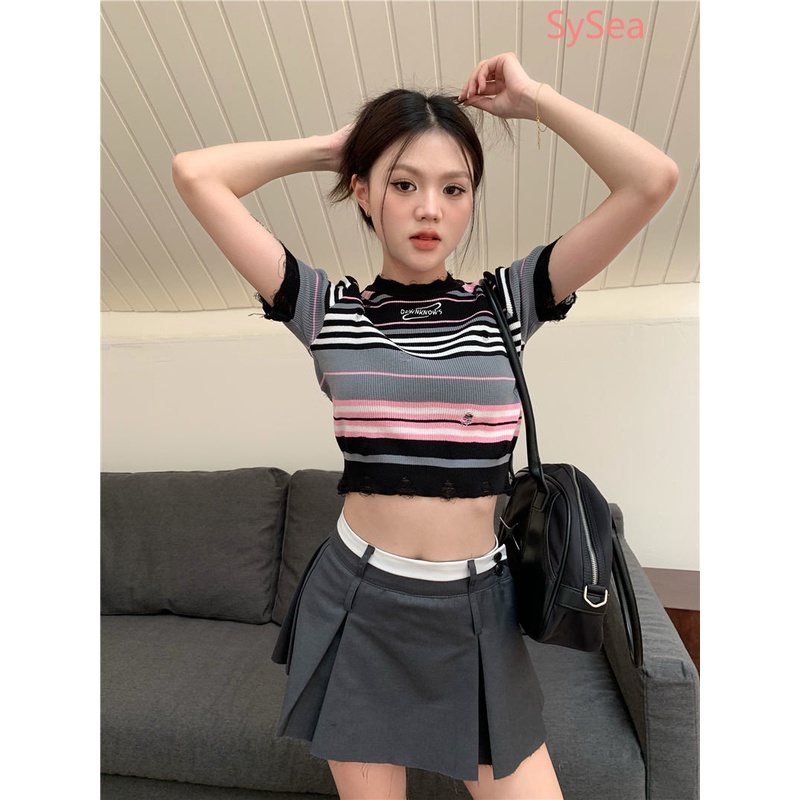 Áo Dệt Kim Kẻ Sọc Dáng Ôm Thêu Họa Tiết Kiểu Retro Thời Trang Mùa Hè Cho Nữ