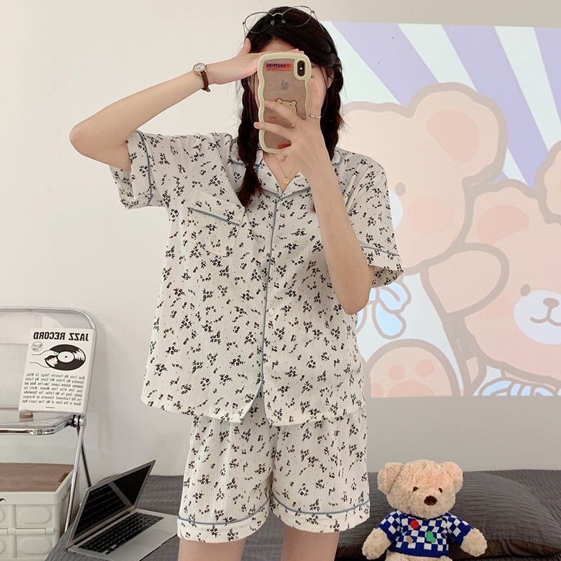Bộ Đồ Ngủ Ngắn Tay Họa Tiết Kẻ Sọc Thời Trang Mùa Hè Phong Cách Hàn Quốc Mới Cho Nữ