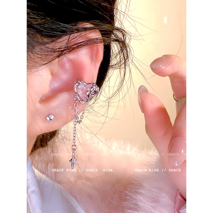 Bông Tai Dạng Kẹp Hình Trái Tim Phối Tua Rua Sang Trọng Cho Nữ