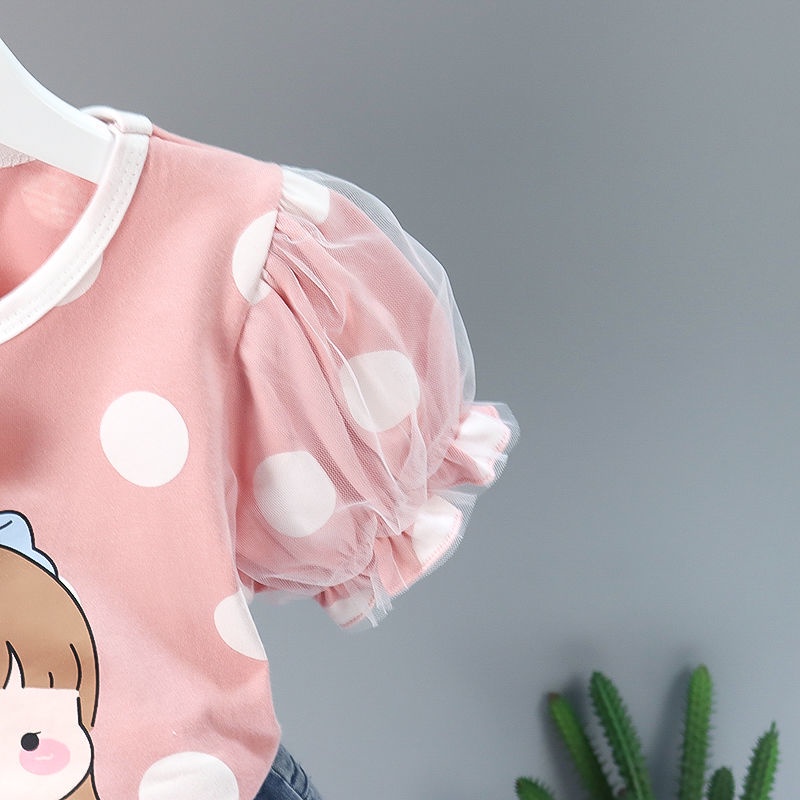 Bộ Áo Denim Tay Ngắn Phồng Kèm Quần Ngắn Thời Trang Mùa Hè Kiểu Mới Cho Bé Gái LE8I