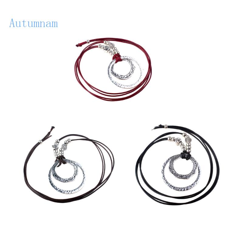 Vòng Cổ Dây Da Bện Nhiều Lớp Mặt Nhẫn Kim Loại Phong Cách Bohemian Thời Trang Cho Nữ