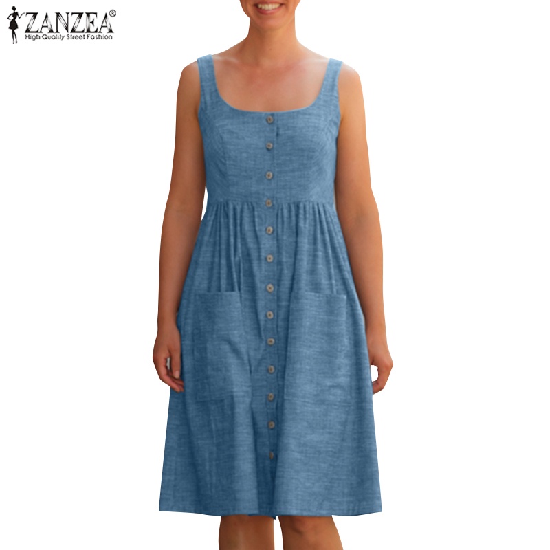 Zanzea Đầm không tay Cổ Chữ U Lưng Cao Phong Cách Vintage