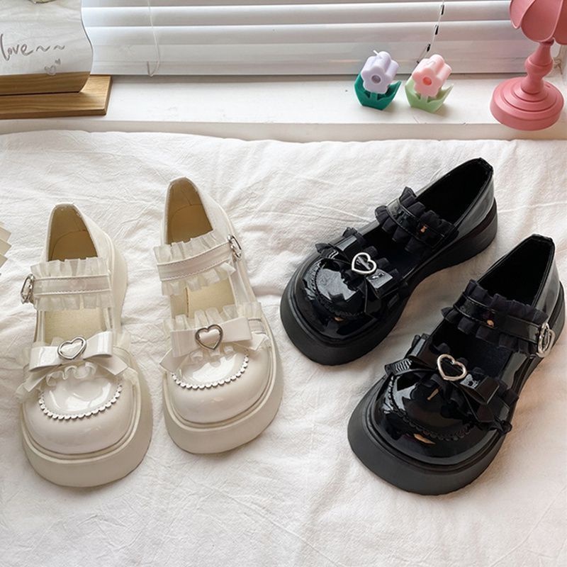 Giày nữ Lolita Da Đế Dày Đính Nơ Phong Cách Lolita Mary Jane vòng đầu giày đen