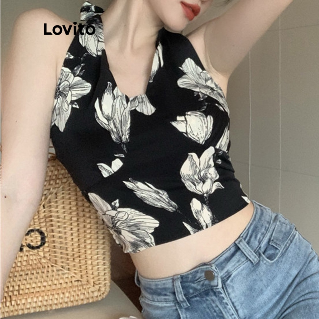 Lovito Áo ba lỗ không tay phối ren họa tiết hoa đơn giản cho nữ L49AD034 (Đen)