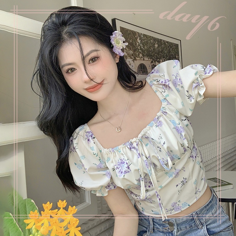 Áo Croptop Tay Phồng In Hoa Xinh Xắn Dành Cho Nữ