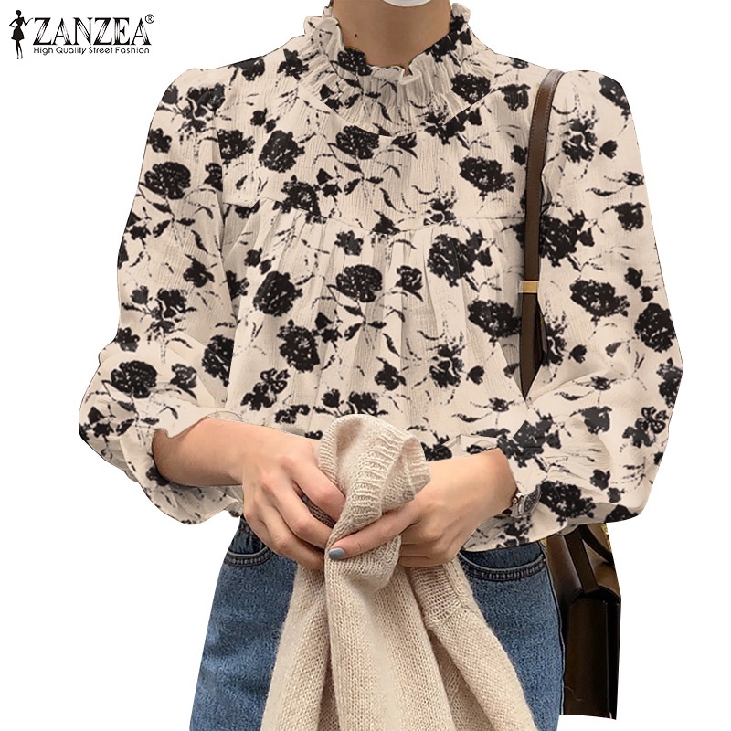 ZANZEA Áo Kiểu Tay Dài Cổ Cao In Họa Tiết Phong Cách Hàn Quốc Thời Trang Cho Nữ