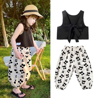 Bộ Đồ Thể Thao Hai Mảnh Gồm Áo Ba Lỗ + Quần Chống Muỗi In Hoa Thời Trang Mùa Hè Phong Cách Hàn Quốc Cho Bé Gái