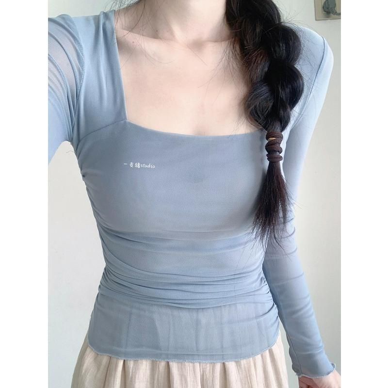 Pure Desire Áo Tay Dài Cổ Vuông Dáng Ôm Xếp Ly Nhẹ Nhàng Kiểu Khiêu Vũ