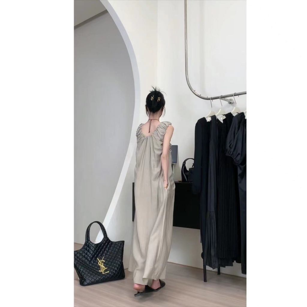 [F &amp; X] Đầm Dài Xếp Ly Sát Nách Cổ Chữ u Vải Satin Cao Cấp Phong Cách Pháp Thời Trang Mùa Hè Cho Nữ