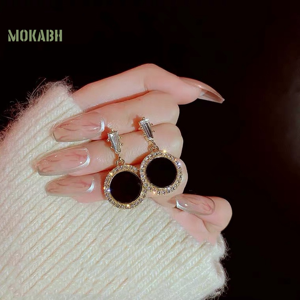 1 Đôi Bông Tai Hình Tròn Màu Đen Dát Đá Sang Trọng