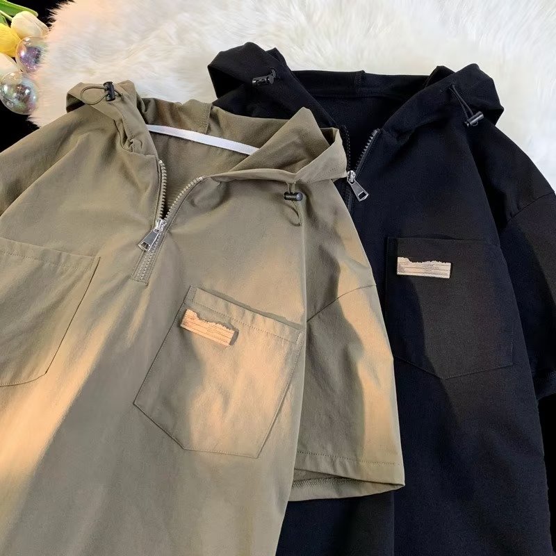 Áo Thun Tay Ngắn Có Mũ Trùm Đầu Và Khóa Kéo Phong Cách Thời Trang Nhật Bản Cho Nam Giới