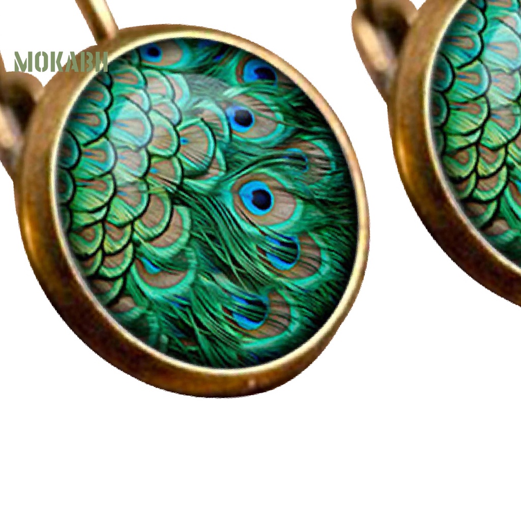 1 Đôi Bông Tai Mặt Kính Cabochon Hình Chim Công 2 Màu Phong Cách Vintage