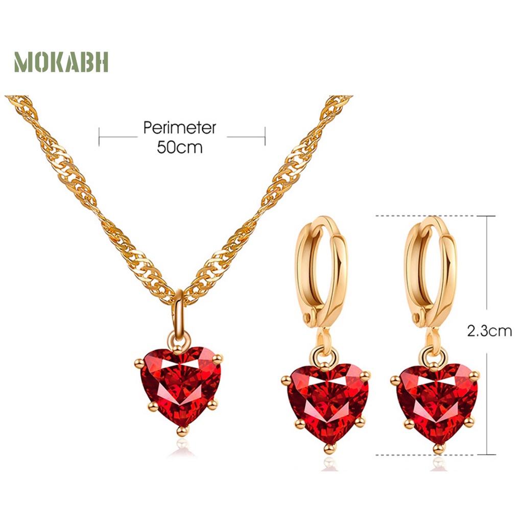 Bộ Vòng cổ + Bông Tai Hình Trái Tim Đính Đá Zircon Lấp Lánh Ngọt Ngào
