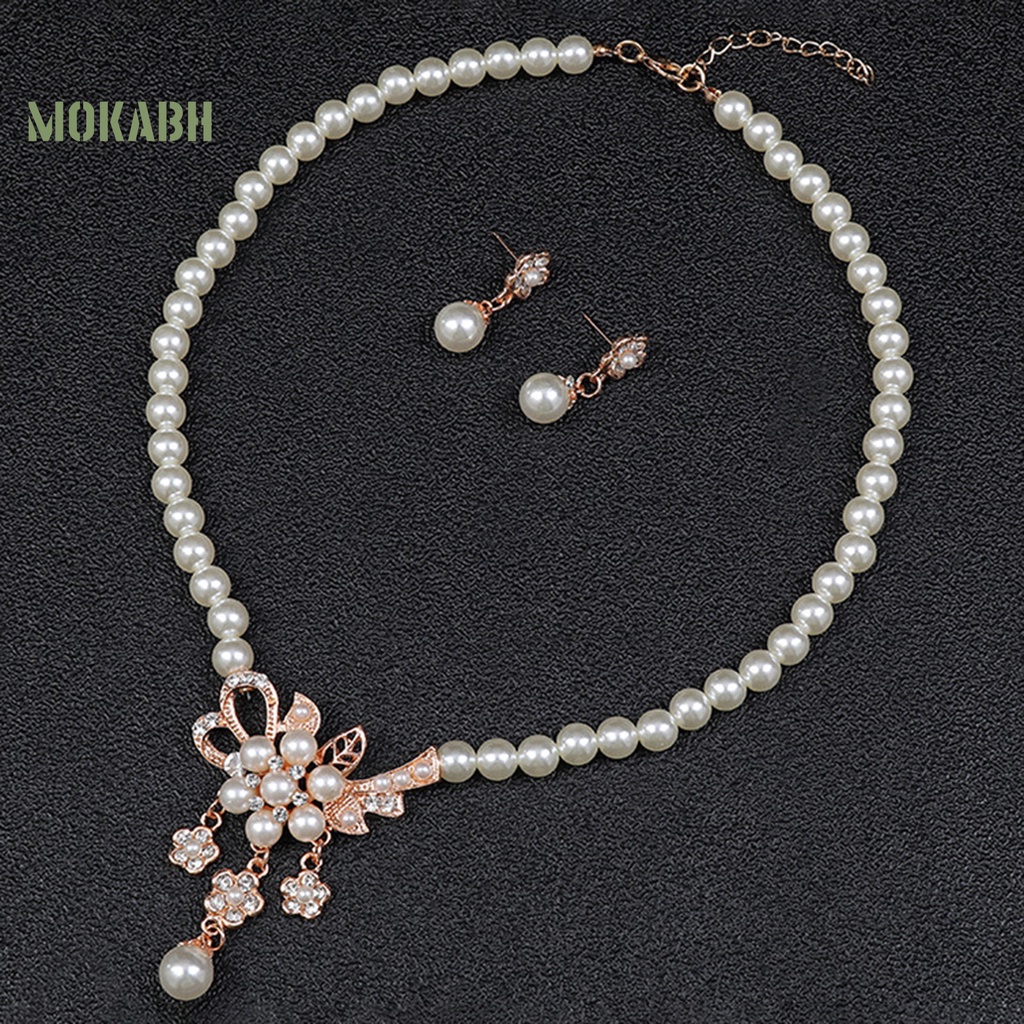 1 Bộ Vòng cổ + Bông Tai Đính Đá &amp; Ngọc Trai Nhân Tạo Hình Hoa Cho Nữ