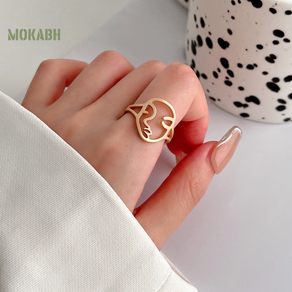 Bộ 2 Nhẫn Đeo Tay Họa Tiết Mặt Trừu Tượng Thiết Kế Điều Chỉnh Được Không Phai Màu Phong Cách Tối Giản