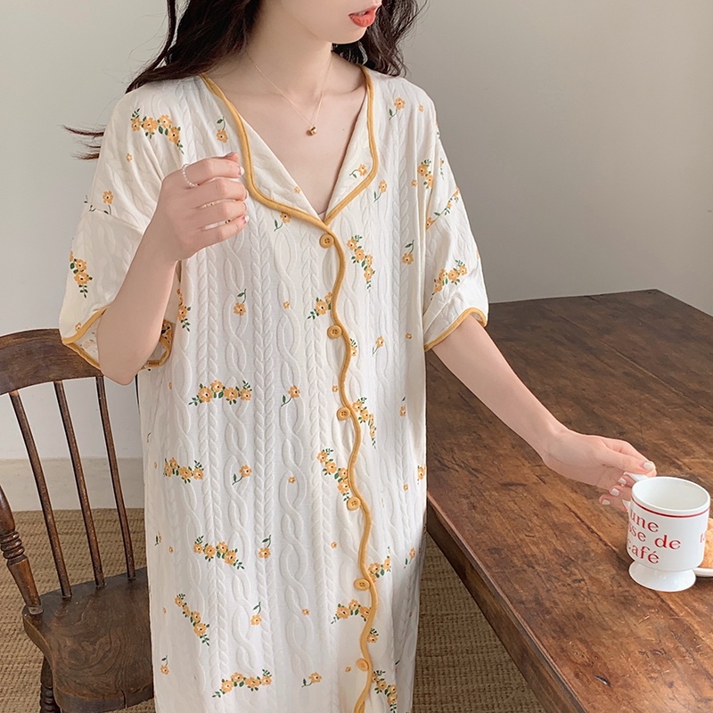 Đầm Ngủ Cotton Dáng Rộng Họa Tiết Hoa Thời Trang Mùa Hè Cho Nữ