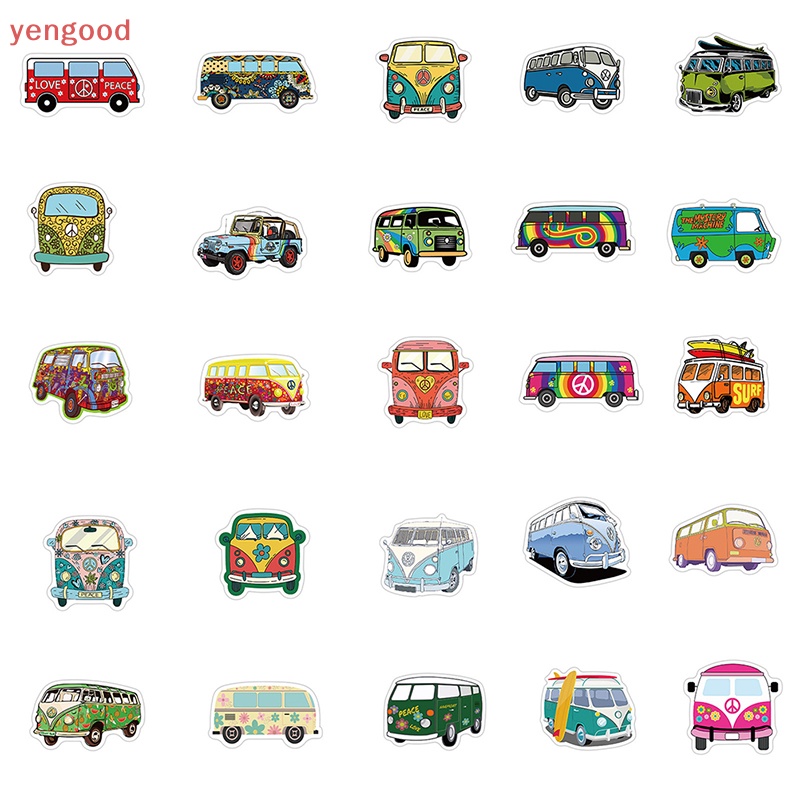 Set 50 Miếng Dán Trang Trí Xe Buýt Laptop Hành Lý Phong Cách Retro Hippie