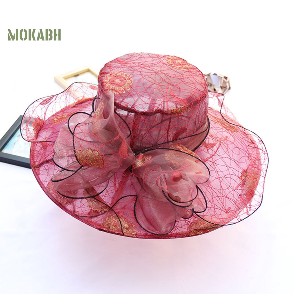 [Mok Abh] Mũ Rộng Vành Vải Hoa Nhìn Xuyên Thấu Viền Gợn Sóng Sang Trọng Thắt Nơ Sang Trọng Cho Nữ Đi Biển