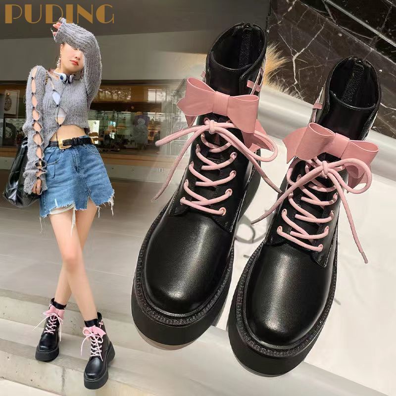 Giày Bốt Nữ Everything goes Thắt Nơ Mắt Cá Chân Thiết Kế Cảm Giác niche Đế Xuồng Doc Martens Ngọt Ngào Và Mát Mẻ