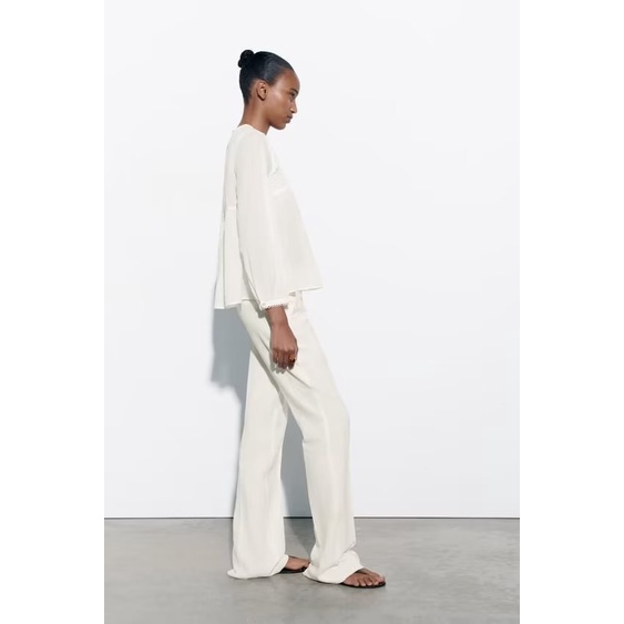 Zara Áo Sơ Mi Trắng Tay Dài Dáng Rộng Phối Ren Thời Trang Mùa Hè Cho Nữ 3666122