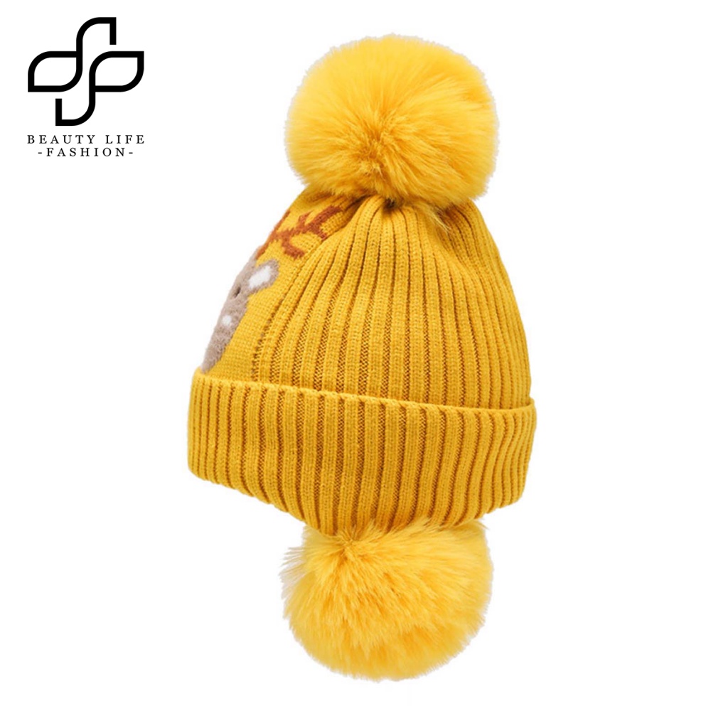 Nón Beanie Họa Tiết Thú Hoạt Hình Trang Trí Bóng Lông Cho Bé