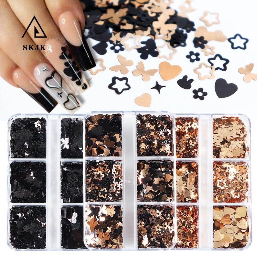 Phụ Kiện Trang Trí Móng Tay Hình Thỏ Và Ngôi Sao Màu Đen Lấp Lánh Sang Trọng|Hộp Phụ Kiện Hoa Trang Trí Móng Tay Nhiều Màu Sắc
