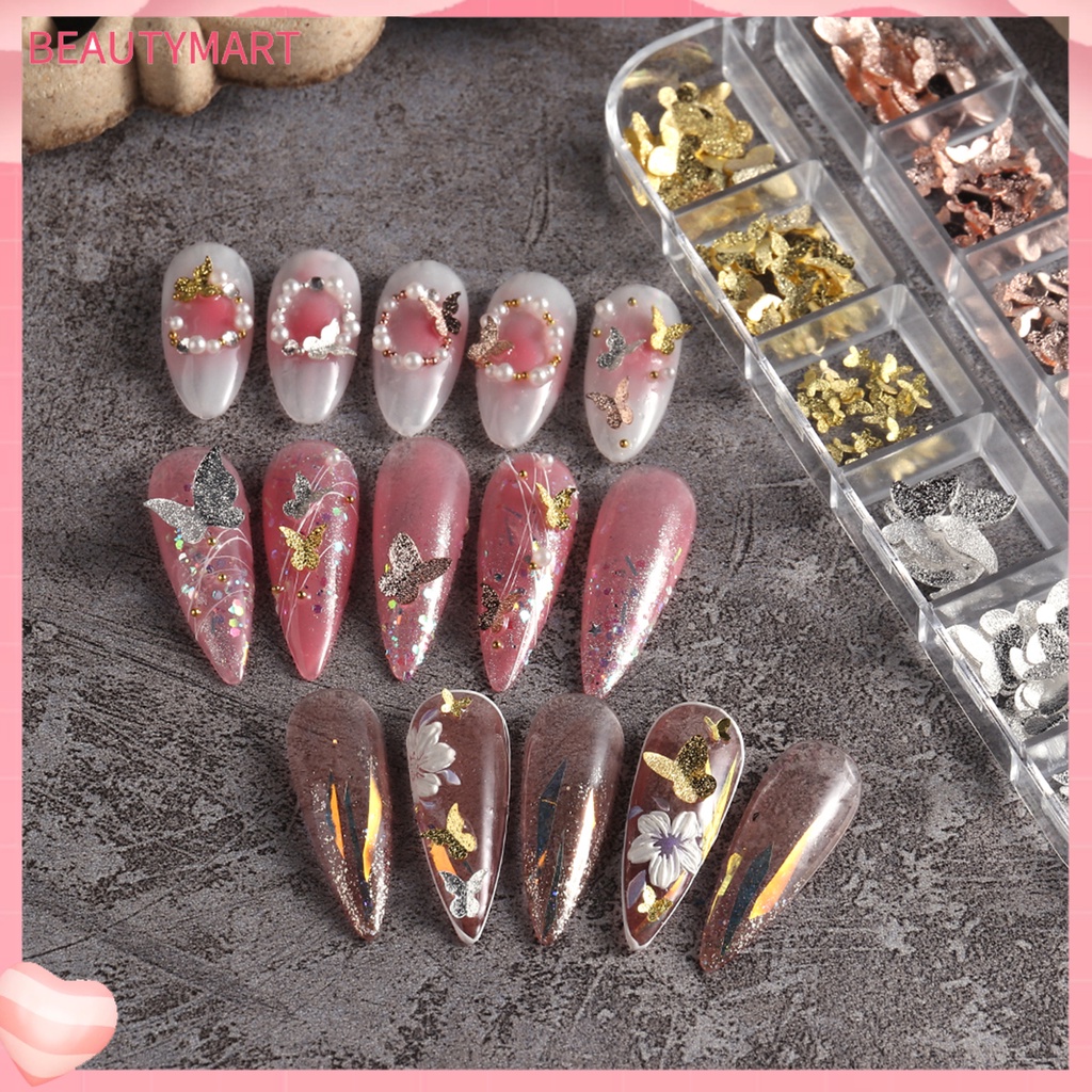 1 Hộp Phụ Kiện Trang Trí Móng Tay Hình Bướm 3D Bằng Kim Loại Chống Phai
