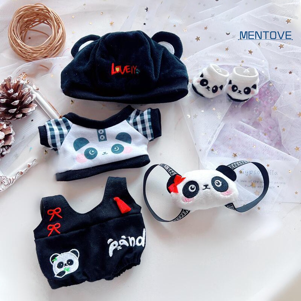 Set 5 Áo Thun Cotton 20cm + Giày + Nón Thêu Họa Tiết Gấu Trúc / Ngôi Sao Xinh Xắn Cho Búp Bê