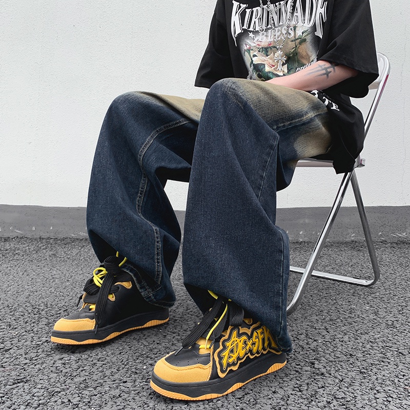 Quần Jean Dài Ống Rộng Phong Cách Retro Đường Phố Mỹ Cá Tính Cho Nam