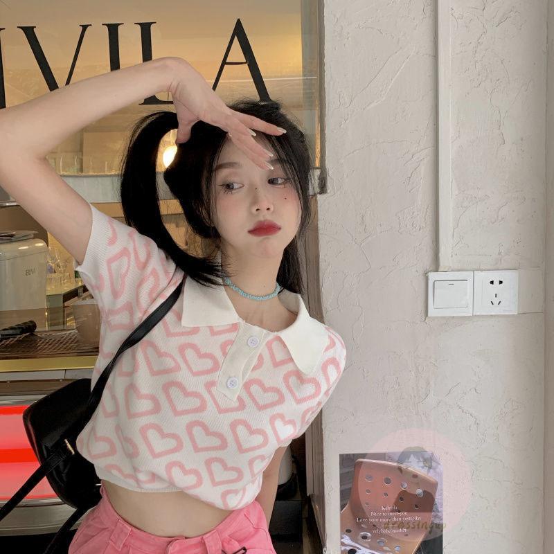 Áo Thun Dệt Kim Tay Ngắn 1 / 3 Nút In Hình Trái Tim Đơn Giản Dành Cho Nữ