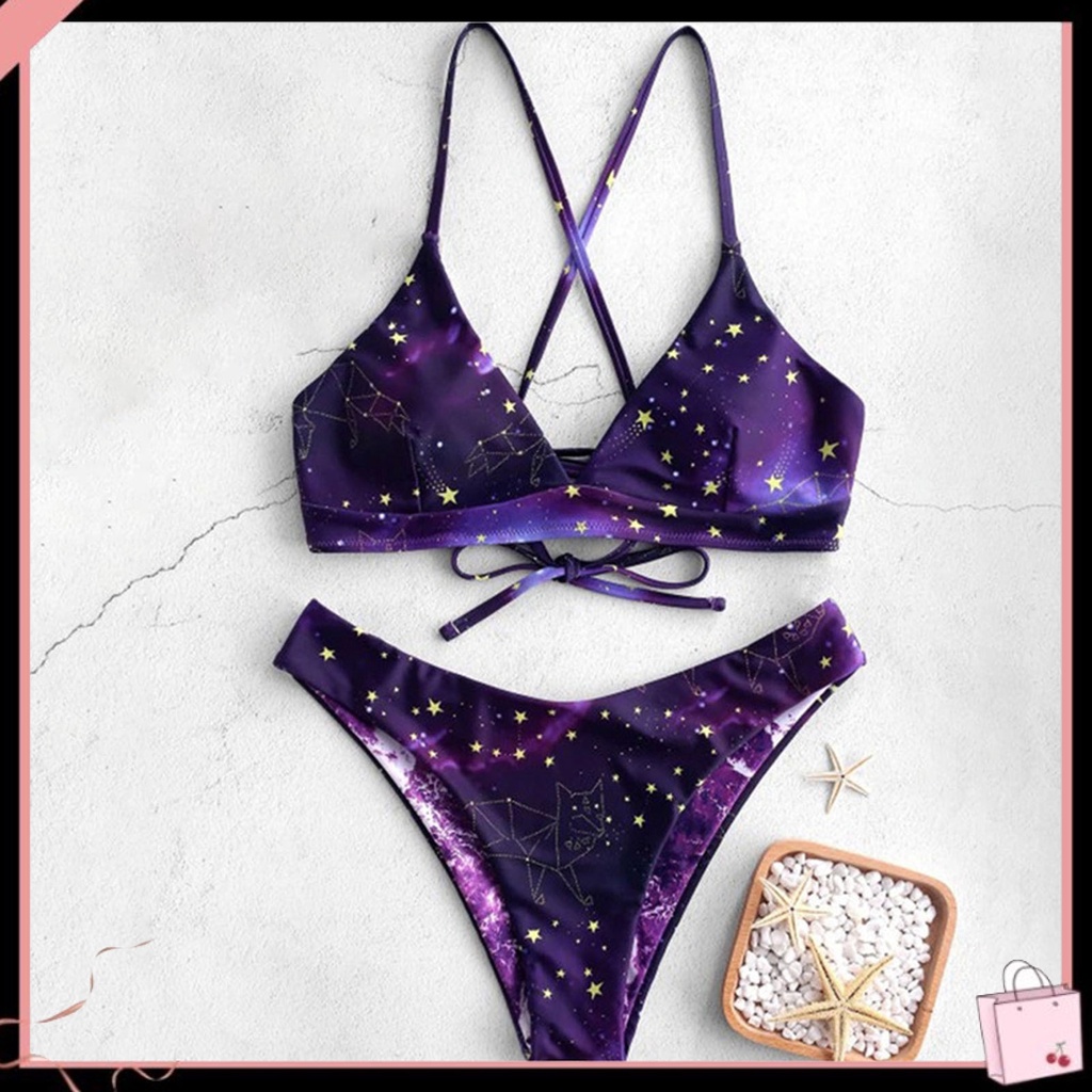 Bộ Bikini 2 Mảnh Không Dây Buộc Họa Tiết Ngôi Sao Màu Gradient