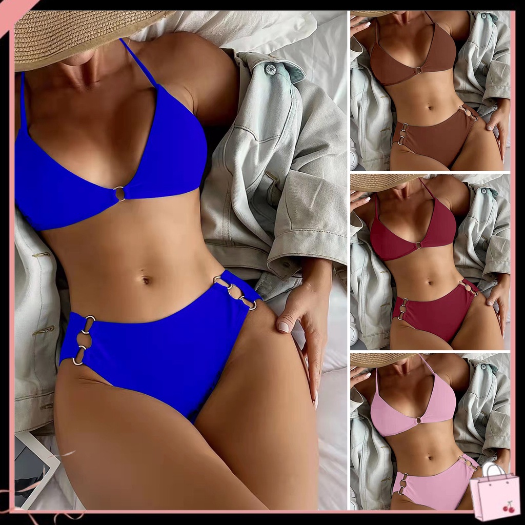 Bộ Bikini Màu Trơn Nhanh Khô Có Vòng Kim Loại Kết Nối Bằng Kim Loại Màu Sắc