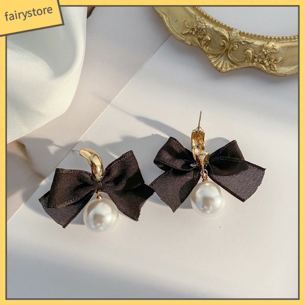 1 Đôi Bông Tai Hình Nơ Đen Đính Ngọc Trai Giả Phong Cách Pháp Cổ Điển Dành Cho Nữ