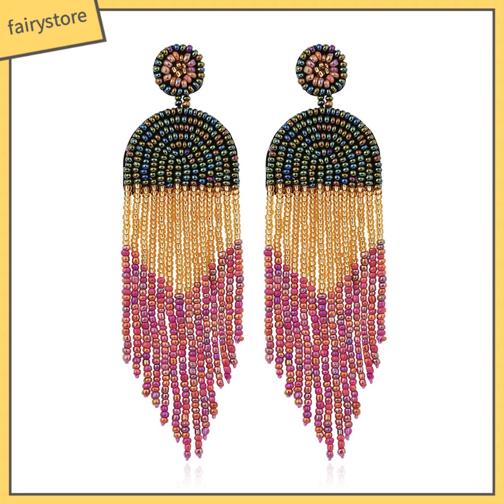 1 Đôi Bông Tai Xỏ Hạt Nhiều Màu Sắc Tua Rua Phong Cách Cổ Điển