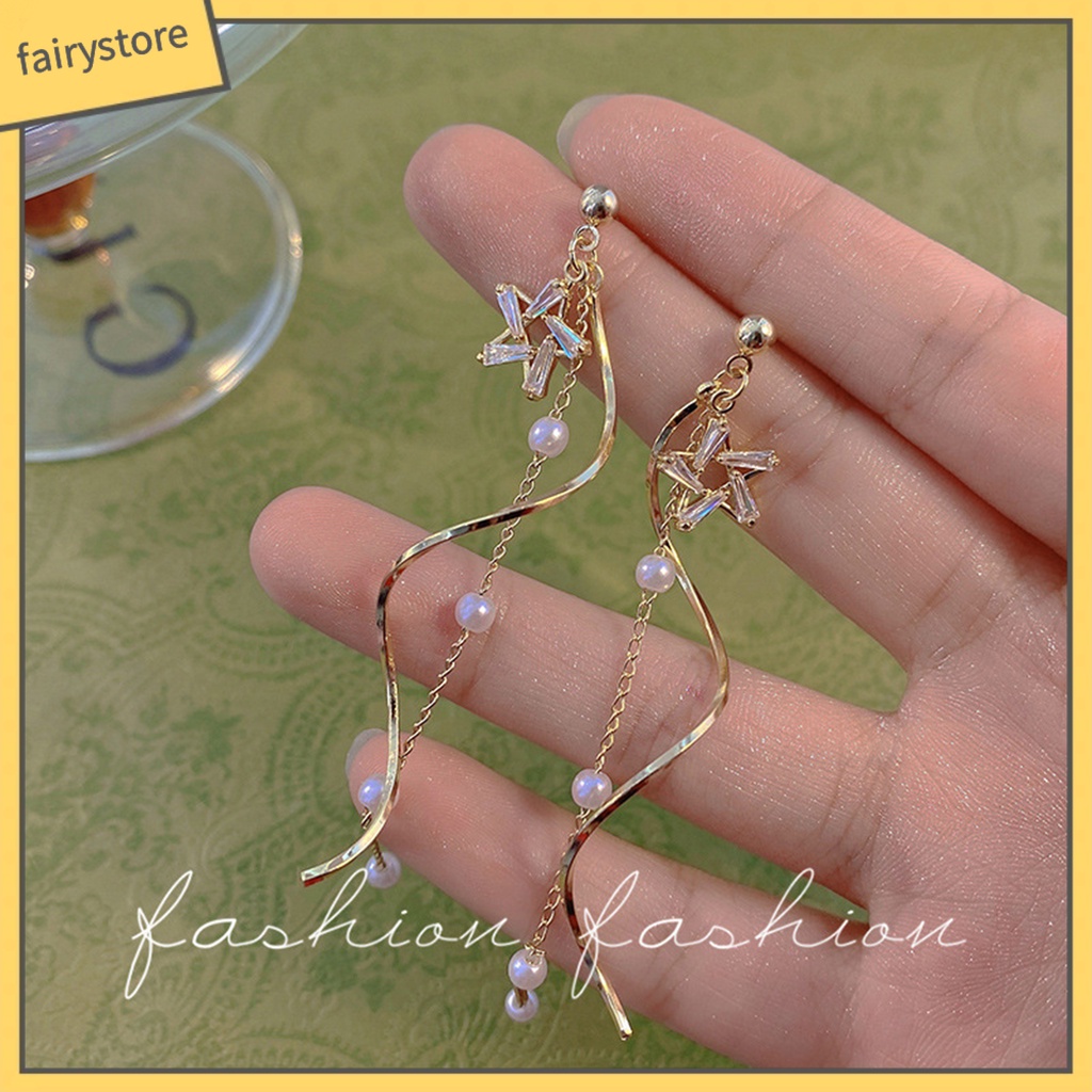 1 Đôi Bông Tai Dáng Dài Hình Ngôi Sao Đính Ngọc Trai Nhân Tạo Thời Trang