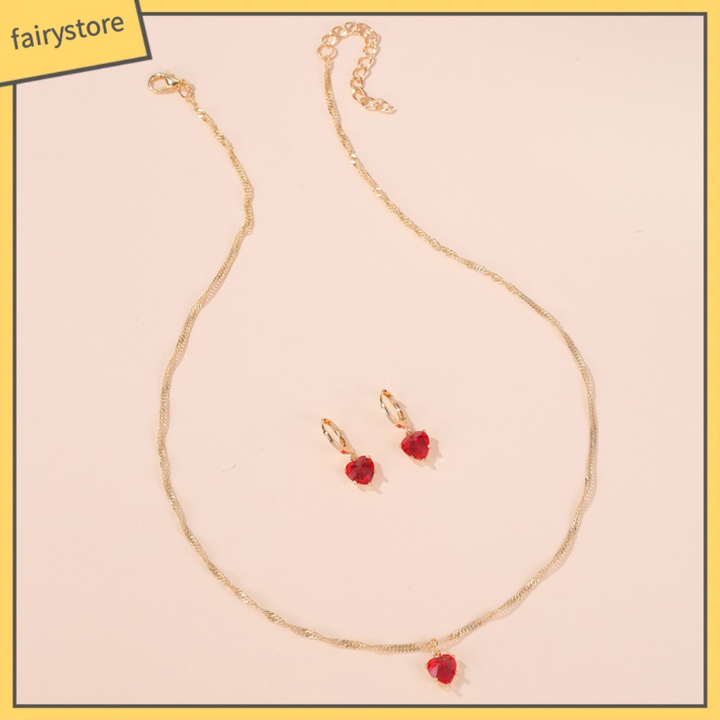 Bộ Vòng cổ + Bông Tai Hình Trái Tim Đính Đá Zircon Lấp Lánh Thời Trang Cho Nữ