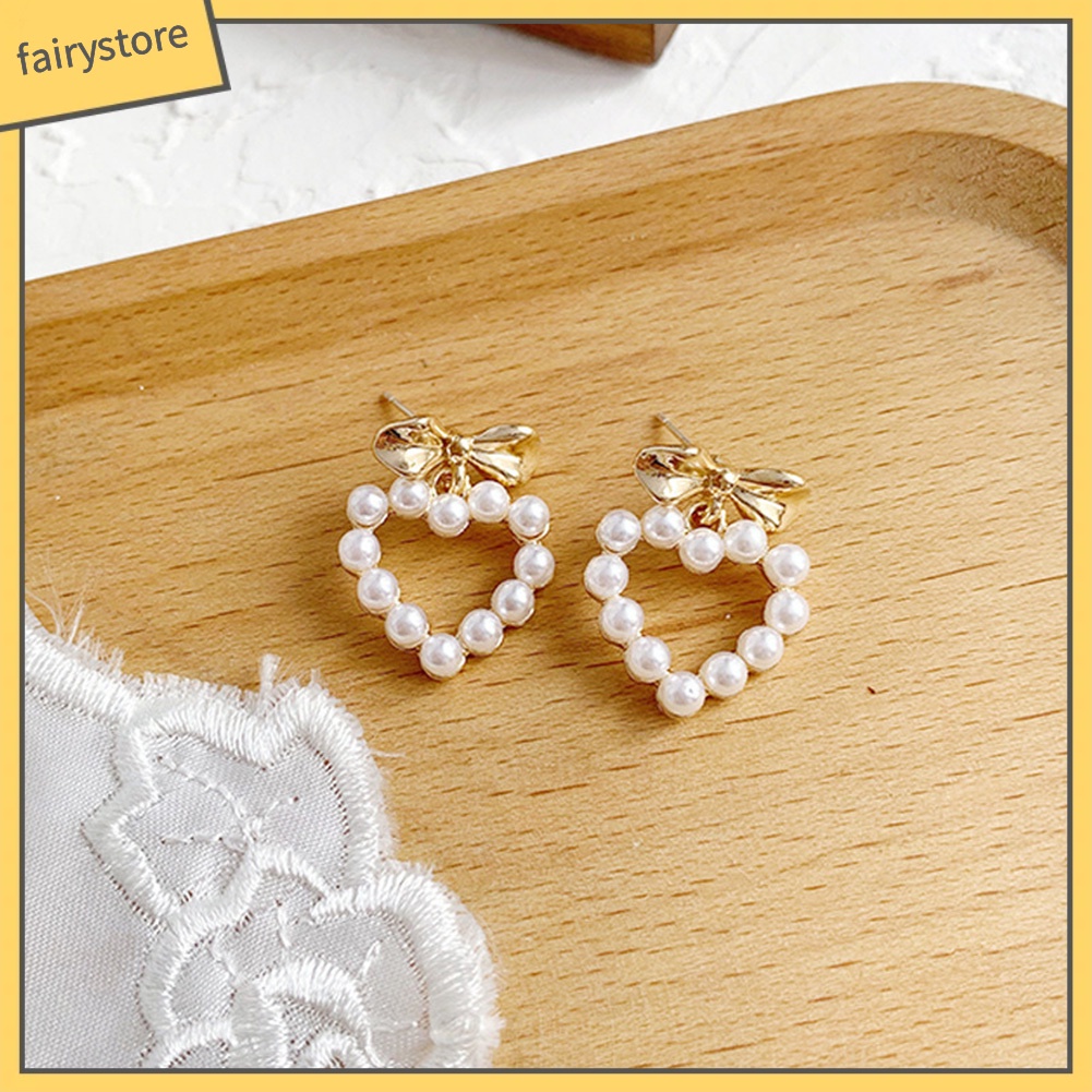 Khuyên Tai Hình Nơ / Bông Hoa / Trái Tim Đính Ngọc Trai Nhân Tạo Thời Trang Dành Cho Nữ