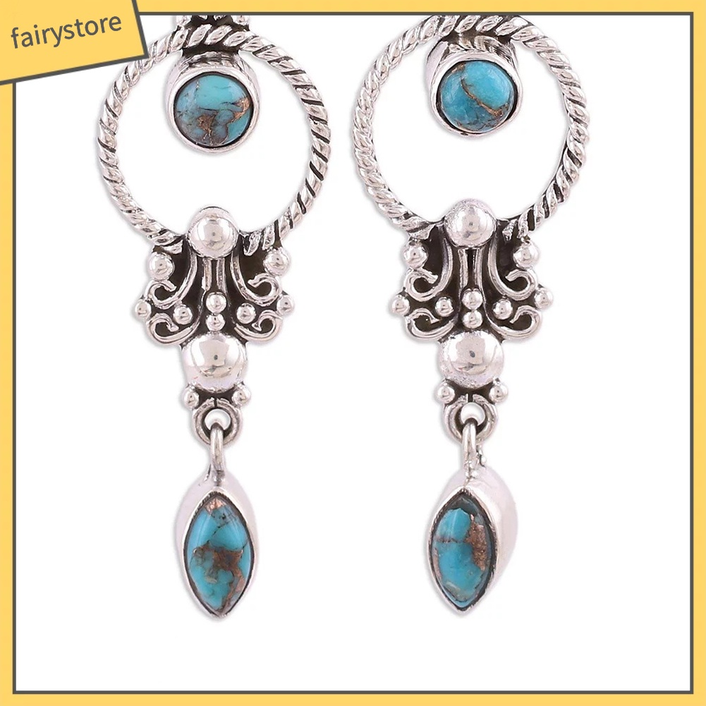 Bông Tai Đính Đá Ngọc Lam Giả Thiết Kế Móc Treo Phong Cách Vintage Dành Cho Nữ