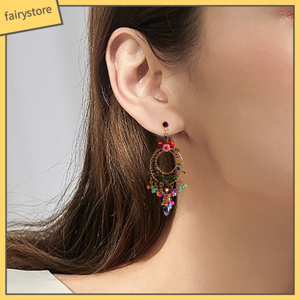 1 Cặp Bông Tai Tua Rua Đính Đá Nhiều Màu Phong Cách Bohemian