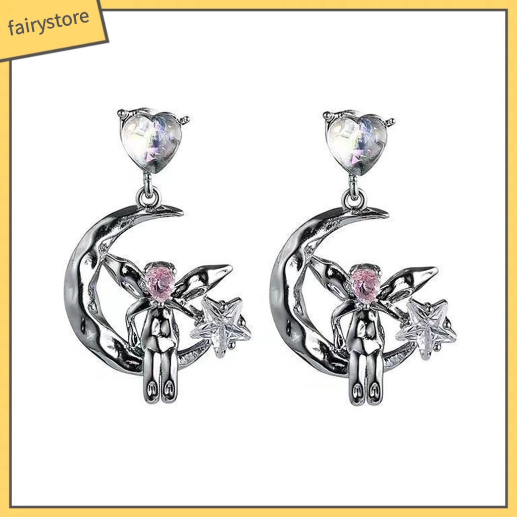 1 Đôi Bông Tai Hình Trái Tim Đính Đá Mặt Trăng Ngôi Sao Không Gây Dị Ứng Thời Trang