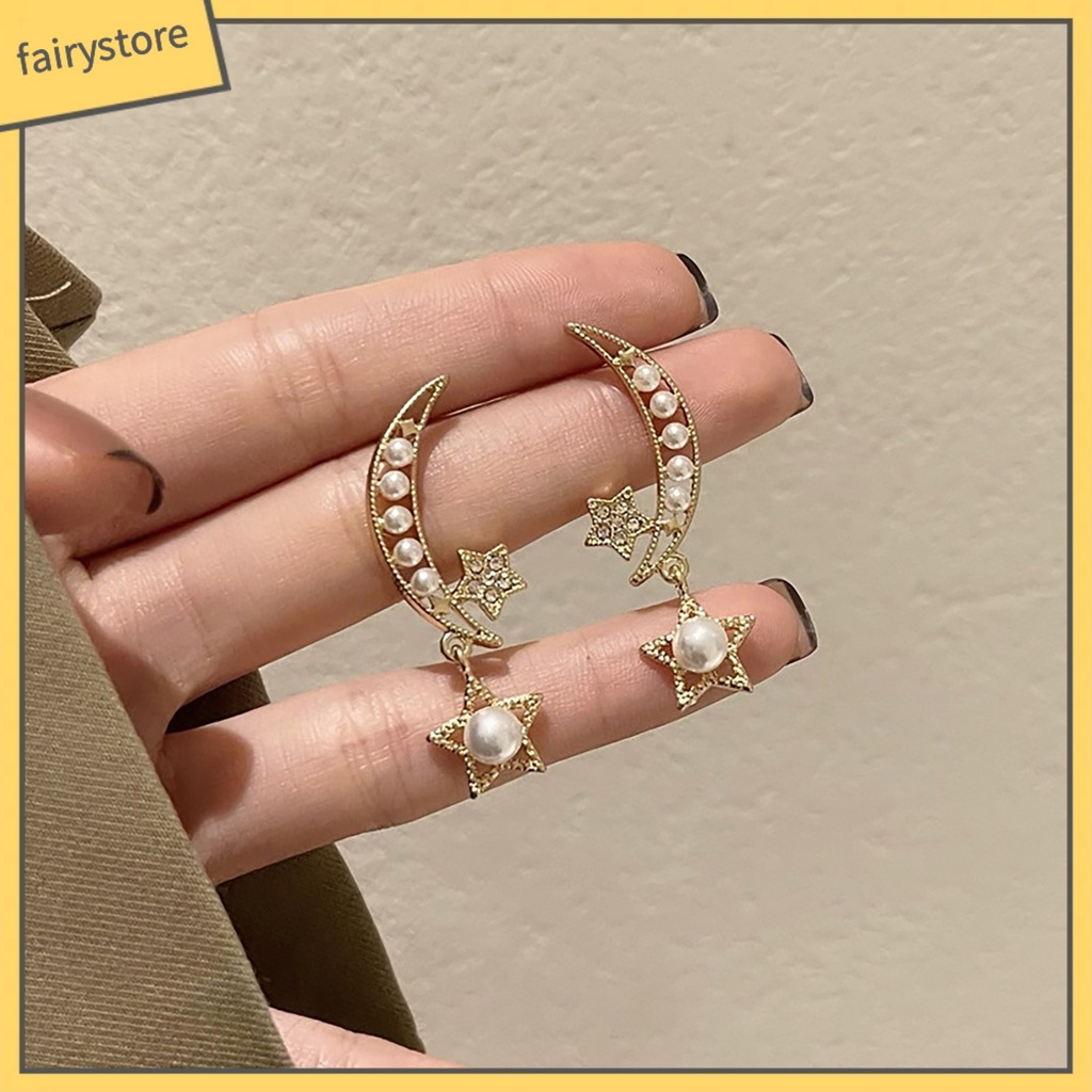 1 Đôi Bông Tai Hình Mặt Trăng / Ngôi Sao Dáng Dài Thiết Kế Tối Giản Thời Trang Dự Tiệc