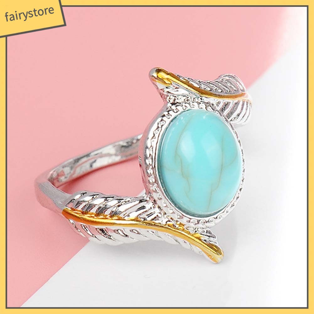 Nhẫn Đính Hôn Hai Tông Màu Đính Đá Ngọc Lam Giả Phong Cách Vintage Dành Cho Nữ